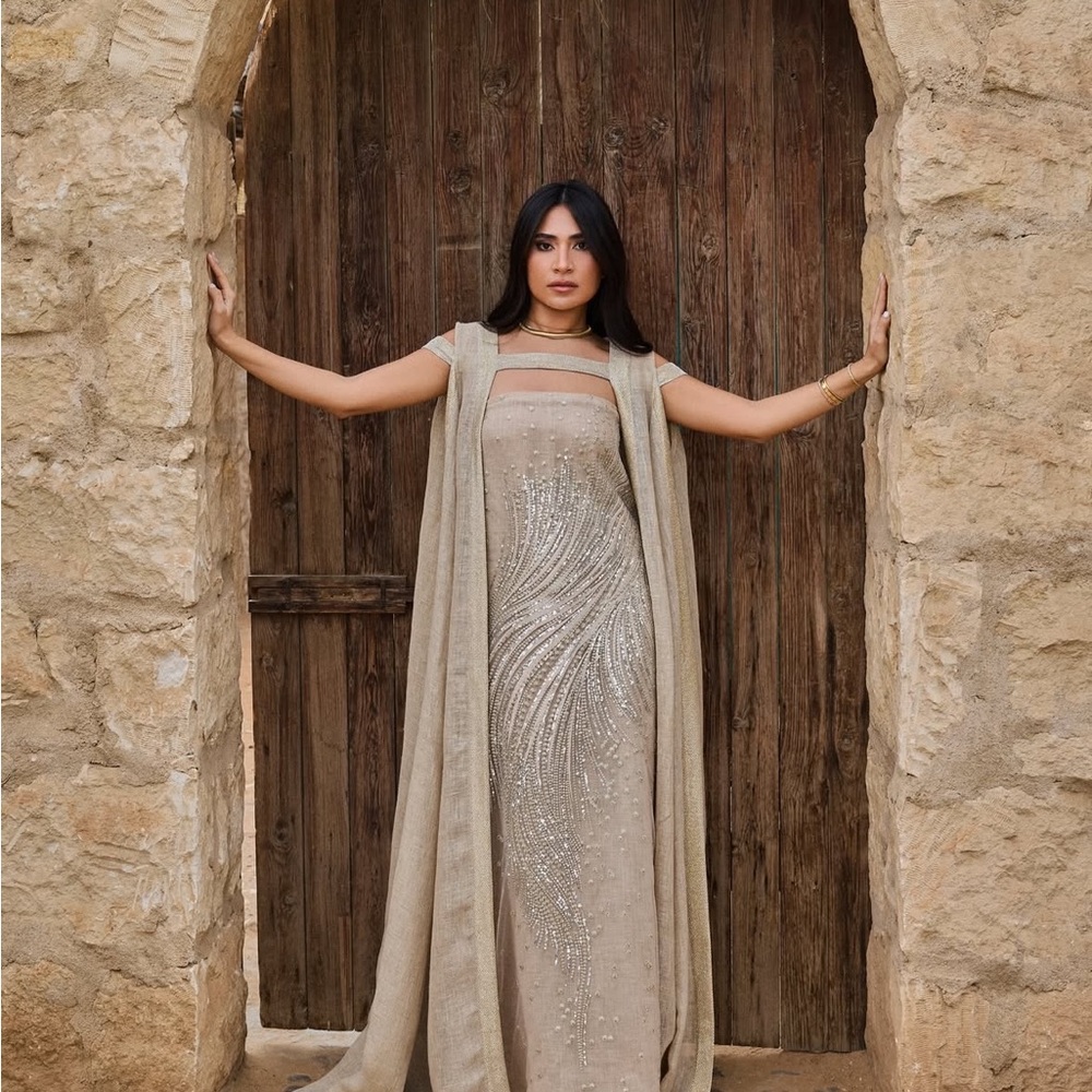 Chic Beige Maxi Dress with Cape